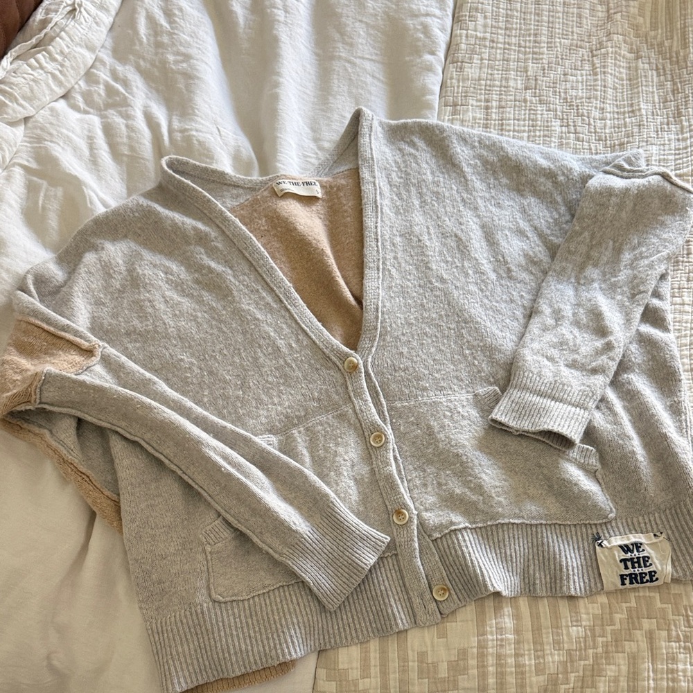 We The Free Essential Cardi - Two-Tone Light Gray & Beige V-Neck Button Cardigan